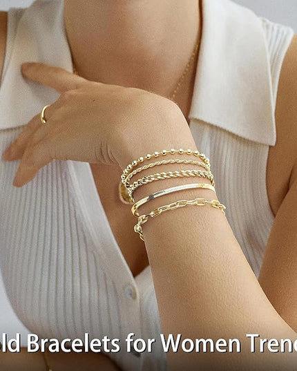 Gold Bracelets Set for Women Stack, Dainty Thick Bracelets Stack for Women Trendy, Simple Thin Gold Plated Cuff Stackable Bracelets With Beaded Cuban Paperclip Snake Rope Bangle Hand Chain Jewelry Gifts for Women Non Tainish