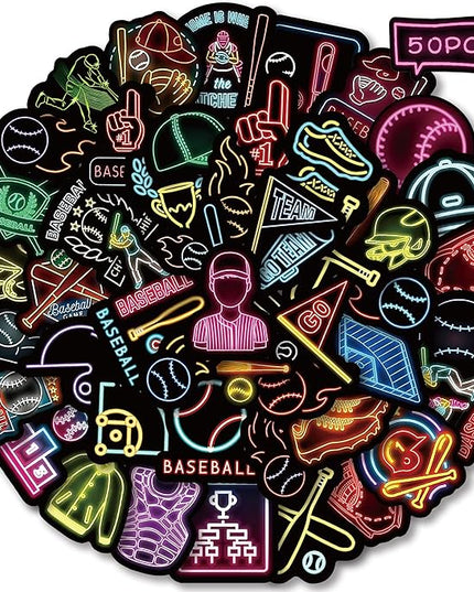 50 PCS Neon Theme Baseball Stickers for Water Bottles, Waterproof Vinyl Sticker for Skateboard Luggage, Sport Baseball Decal for Party Decor Boys Kids Gifts-A08