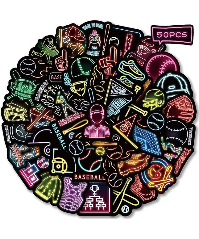 50 PCS Neon Theme Baseball Stickers for Water Bottles, Waterproof Vinyl Sticker for Skateboard Luggage, Sport Baseball Decal for Party Decor Boys Kids Gifts-A08