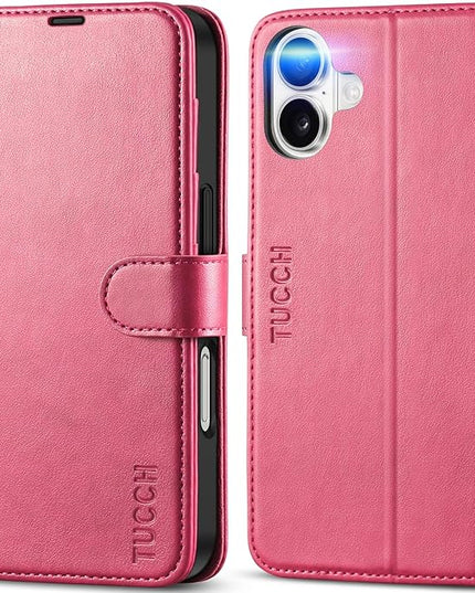 TUCCH Wallet Case for iPhone 16, Kickstand PU Leather Magnetic Protective Flip Cover with [RFID Blocking] [4 Card Slots] [TPU Interior Case] Compatible with iPhone 16 5G 2024, Hot Pink