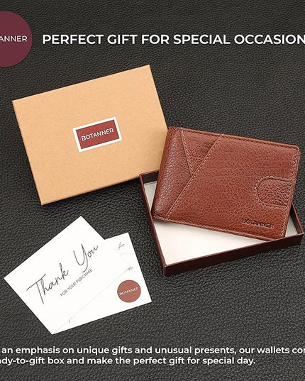 BOTANNER Genuine Leather Mens Bifold Wallet RFID Blocking 7 Credit Card Slots 1 ID Window 1 Section for Bills 2 Additional Slots | Tan