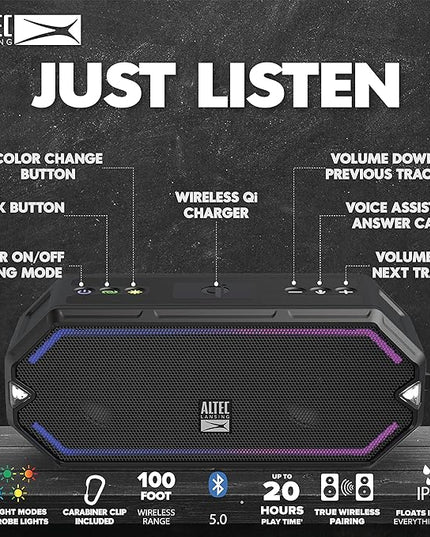 Altec Lansing - HydraBlast Wireless Portable Bluetooth Speaker, IP67 Waterproof for Parties, USB C Rechargeable Outdoor Speakers with Built in Phone Charger and LED Lights, 20 Hour Playtime