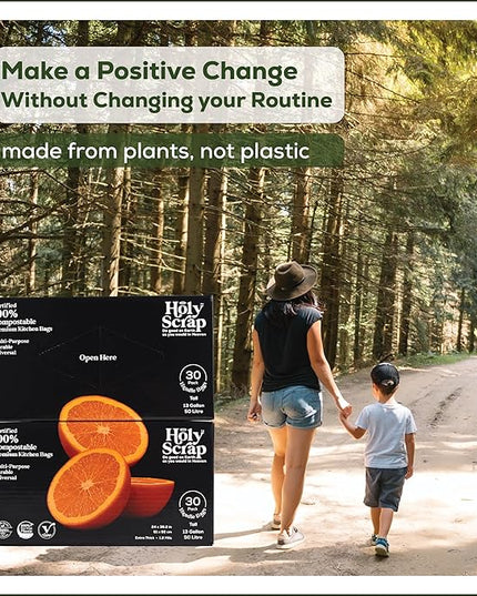 Extra Large Compostable Trash Bags - 13 Gallon, 60 Pack | Plastic-Free & Decomposing Tall Kitchen Garbage Bags & Liners with Easy-Tie Handles | Thick Bin Bags for Green & Food Waste