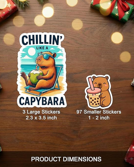 100 PCS Capybara Stickers Pack – Cute Funny Animal Vinyl Decals for Laptop, Water Bottle, Scrapbook, Car, Hard Hat – Gifts for Teens, Adults, Student, Teacher Christmas Birhday