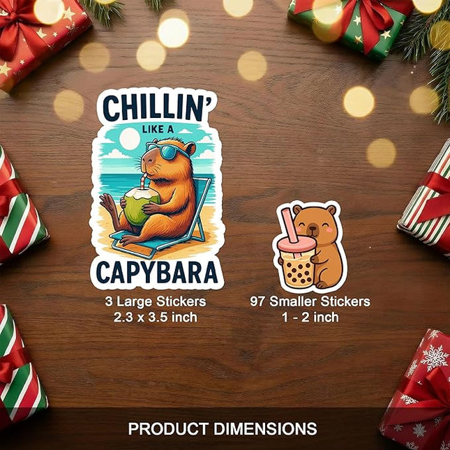 100 PCS Capybara Stickers Pack – Cute Funny Animal Vinyl Decals for Laptop, Water Bottle, Scrapbook, Car, Hard Hat – Gifts for Teens, Adults, Student, Teacher Christmas Birhday