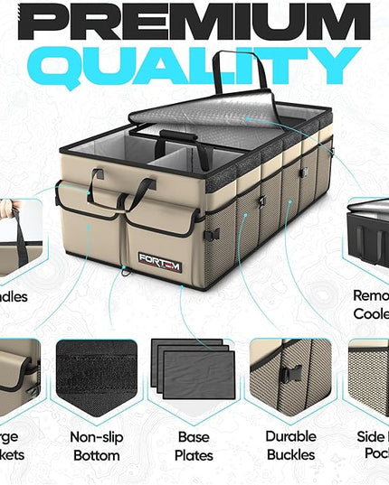 FORTEM Trunk Organizer with Cooler For SUV Car Trunk, Foldable Storage, Car Accessories for Women Men, Collapsible Bag, Perfect Christmas Gifts, 600D Oxford, Non Slip Bottom, Straps, Soft Cover (105L)