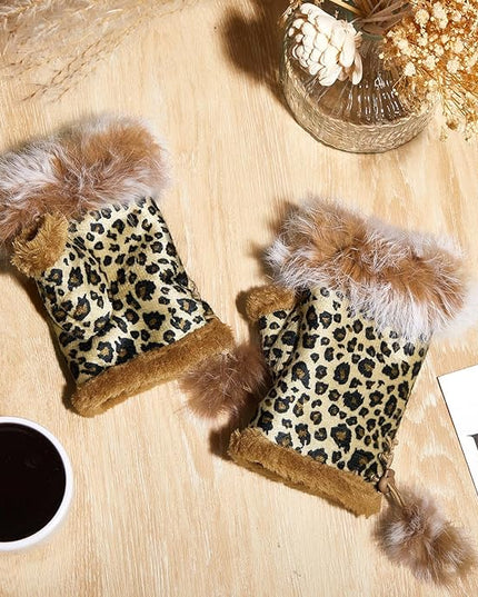 SATINIOR Women Fur Fingerless Gloves Winter Rabbit Fur Lined Half Finger Mittens for Women Girls Teen Working Writing