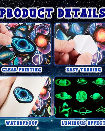 Glow in The Dark Neon Planets Water Bottle Stickers for Kids, 70 PCS Vinyl Space Waterproof Decals for Laptop Phone Case, Solar System Decor for Adults Kids Girls Boys