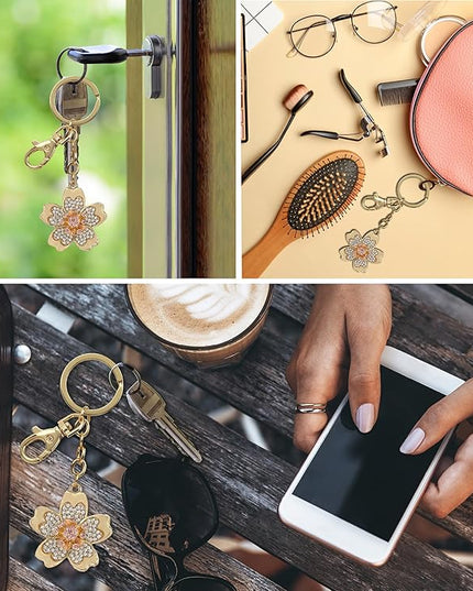 Flower Keychain - Gold 3D Sparkling Charm Rhinestones Fashionable Stylish Metal Alloy Durable Key Ring Bling Crystal Jewelry Accessory with Clasp for Key Chain, Bag, Purse, Backpack, Handbag