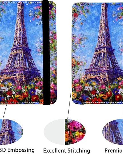 Passport Holder for Women and Men PU Leather Passport Cover for Travel (Eiffel Tower Floral)