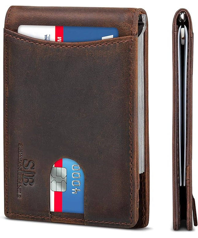 SERMAN BRANDS RFID Blocking Slim Bifold Genuine Leather Minimalist Front Pocket Wallets for Men with Money Clip Thin Mens