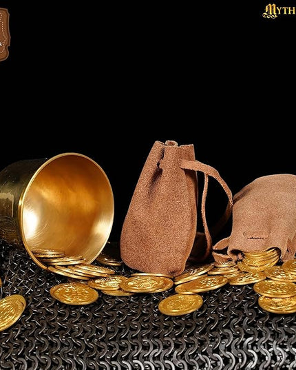 Mythrojan Small Trinket Pouches Suede Leather Drawstring Coin & Dice Bags for LARP, SCA, Viking & Medieval Events (Brown - Pack of 4)