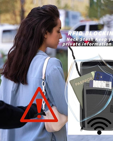 Travel Neck Wallet with RFID Blocking – Passport Holder Organizer Neck Pouch – Portable Easy to Conceal Travel Pouch (Gray)