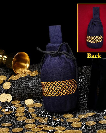 Mythrojan Drawstring Belt Pouch Renaissance Costume Accessories Medieval Woolen Celtic Embroidery Bag Jewelry Pouch Coin Purse for LARP, Festivals, Renfaire, Reenactments - Navy Blue, 8" x 6.5"