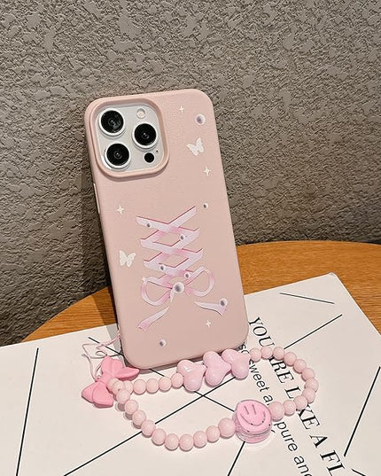 Elegant Lovely Bow Phone Case for iPhone 14 Pro, Stylish Ballet Ribbon Girly Cover with Wrist Strap, Aesthetic Soft Pink Tone, Designed for Women and Girls