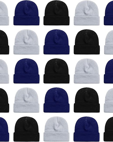 25 Pack Winter Beanie Hats, Unisex Thermal Toboggan Cold Weather Cuffed Caps Bulk Bundle