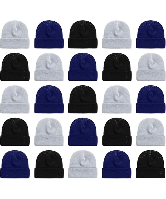25 Pack Winter Beanie Hats, Unisex Thermal Toboggan Cold Weather Cuffed Caps Bulk Bundle