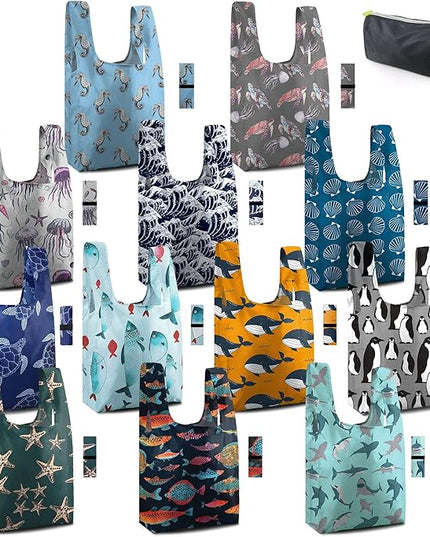 BeeGreen Marine Animal Reusable Grocery Bags Bulk Gifts 12-Pack - Large Tote with Zipper Pouch | Foldable & Washable Polyester Shopping Bags Heavy Duty Animal Lover Gifts Reusable Bag With Handles