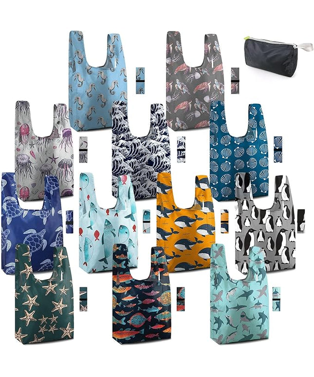 BeeGreen Marine Animal Reusable Grocery Bags Bulk Gifts 12-Pack - Large Tote with Zipper Pouch | Foldable & Washable Polyester Shopping Bags Heavy Duty Animal Lover Gifts Reusable Bag With Handles