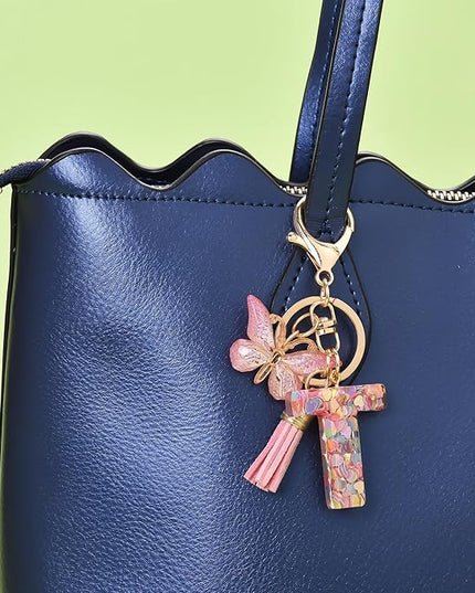 Fashion Alphabet Initial Letter Keychain Tassel Butterfly Pendant Key Ring for Purse Handbags Women Girl