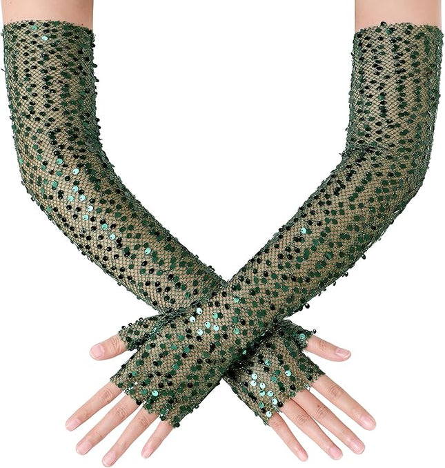BABEYOND Opera Gloves for Women - Long Fingerless Sequin Sparkling Glitter Gloves Tea Party Stretchy Adult Size Elbow Length