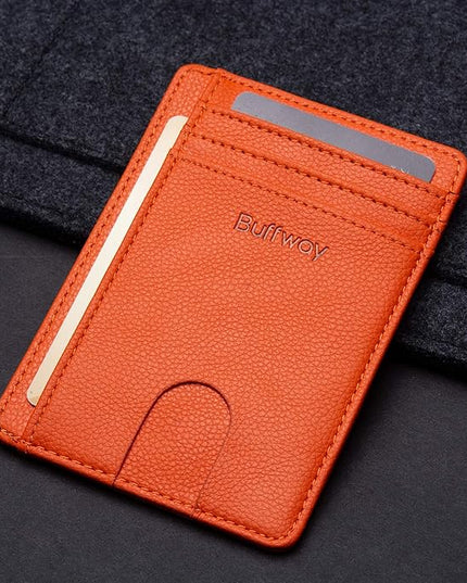 Buffway Slim Minimalist Front Pocket RFID Blocking Leather Wallets for Men and Women - Lichee Orange