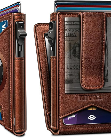miyozi Airtag Wallet for Men Money Clip 9-Card Pop-Up Credit Card Holder with ID Window RFID Blocking Metal Case Magnetic Closure Front Pocket Wallet Gift Box