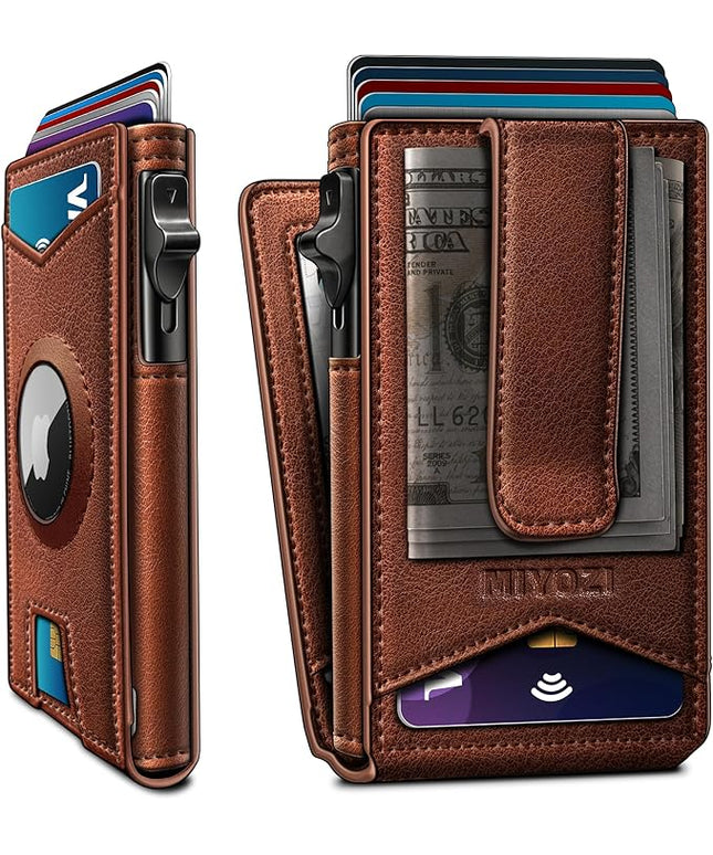 miyozi Airtag Wallet for Men Money Clip 9-Card Pop-Up Credit Card Holder with ID Window RFID Blocking Metal Case Magnetic Closure Front Pocket Wallet Gift Box