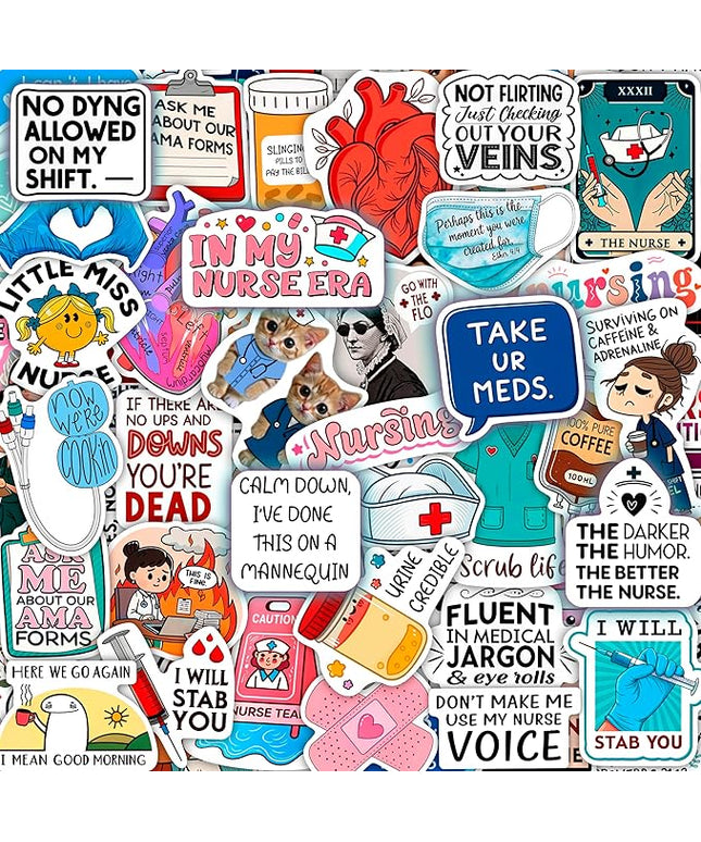 100Pcs Funny Nurse Stickers for Water Bottle, Laptop - Nurse Appreciation Gifts, RN Party Supplies - Nursing Week, Healthcare Medical Hospital Stickers