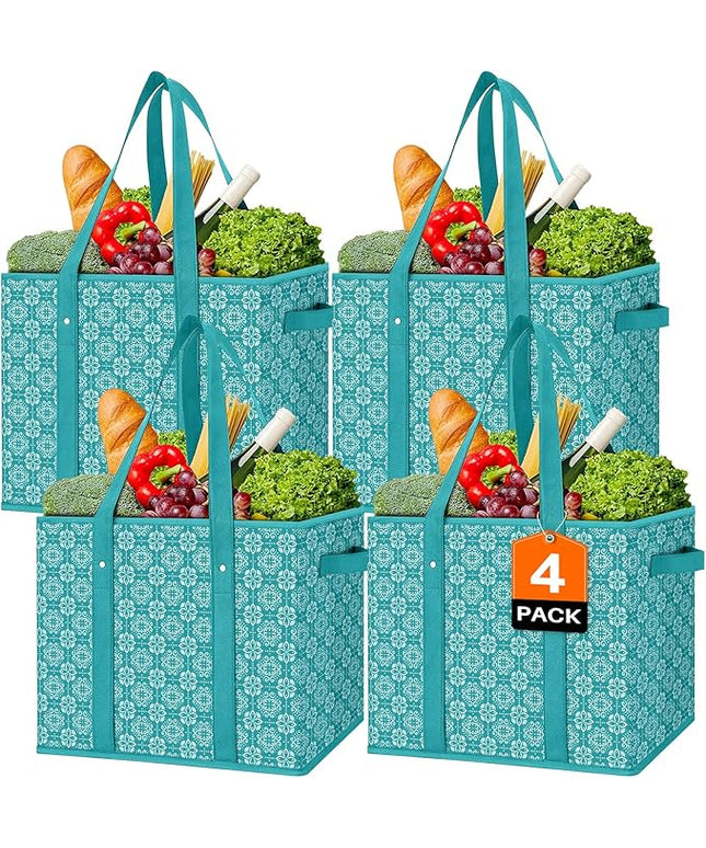 WISELIFE Reusable Grocery Bags [4 Pack],Large Grocery Tote Bag Water Resistant Shopping Bags Foldable Grocery Bag for Clothes,Shoes and Picnic,Green