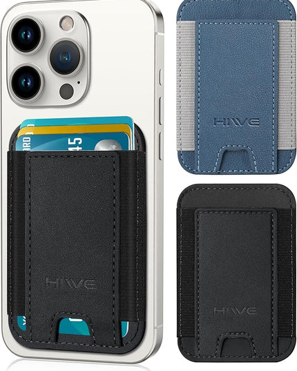 2 Pack Card Holder for Phone Case, Leather Phone Wallet Stick On, Strongest Adhesive Phones Wallet for iPhone/Android, Minimalist Slim RFID, Fit 7 Cards,Black & Blue