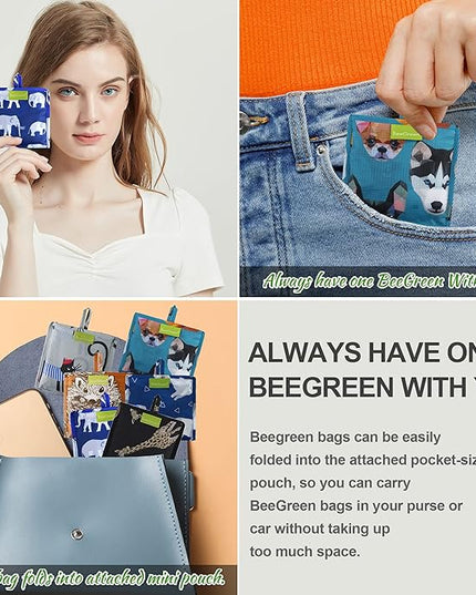 BeeGreen Shopping Bags Cloth Grocery Bags Foldable Travel Bag Tote Bags Bulk - Reusable Gift Bags with Handles (6 Pack) - Heavy Duty Large Washable Animal Holiday Design for Women Travel & Groceries