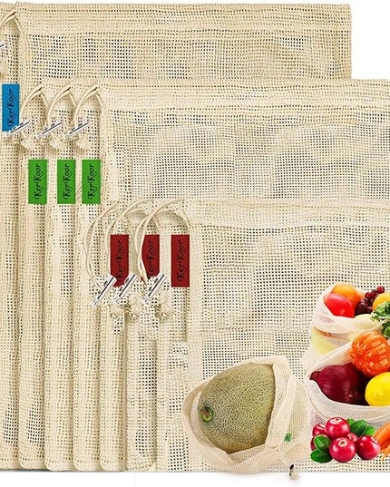 Reusable-Cotton-Mesh-Produce-shopping-Bags-Washable Eco Friendly Premium See Through Lightweight Net zero Bulk Bags for Veggie Fruit Vegetable Grocery Storage (9 Packs)