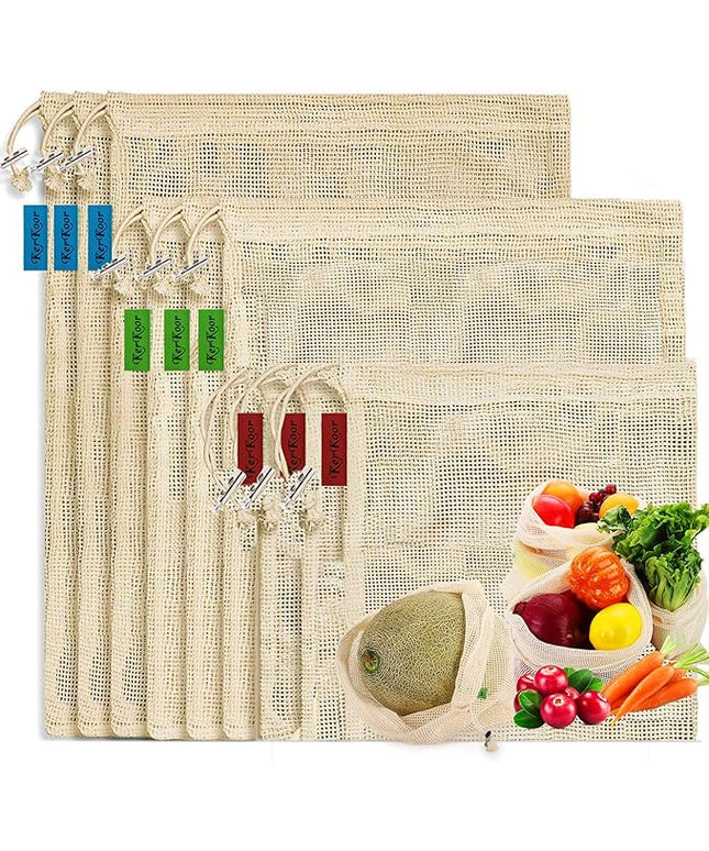 Reusable-Cotton-Mesh-Produce-shopping-Bags-Washable Eco Friendly Premium See Through Lightweight Net zero Bulk Bags for Veggie Fruit Vegetable Grocery Storage (9 Packs)