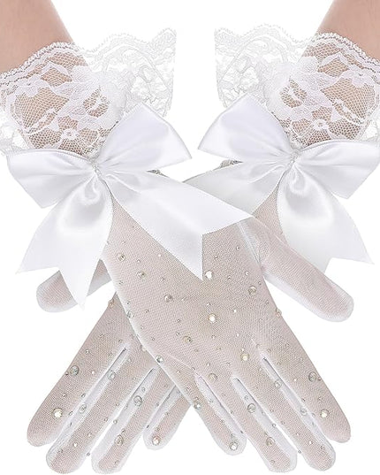 Lace Gloves for Women - Short Bow Rhinestone Tulle Sheer Sparkly Evening Stretchy Gloves for Wedding Opera Party