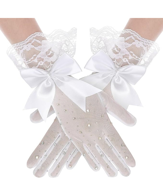 Lace Gloves for Women - Short Bow Rhinestone Tulle Sheer Sparkly Evening Stretchy Gloves for Wedding Opera Party