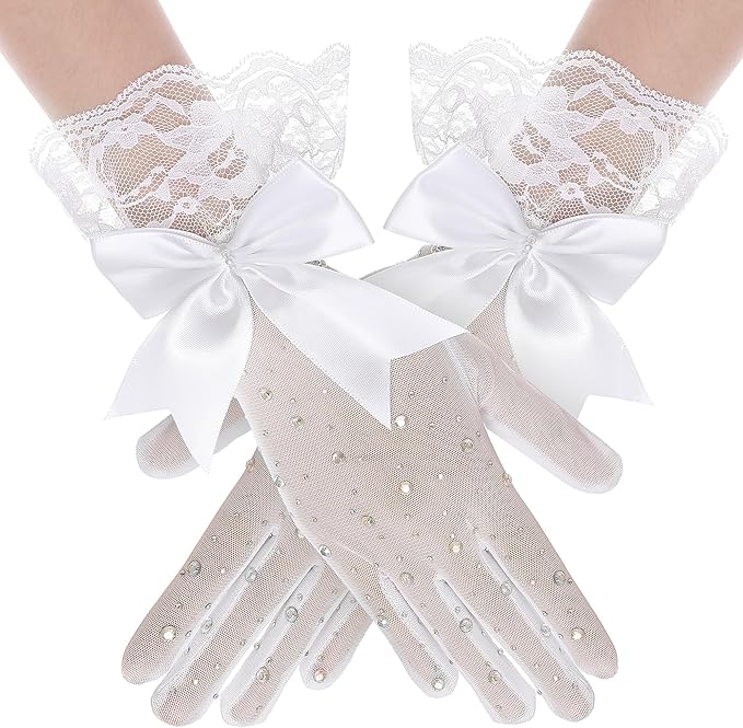 Lace Gloves for Women - Short Bow Rhinestone Tulle Sheer Sparkly Evening Stretchy Gloves for Wedding Opera Party