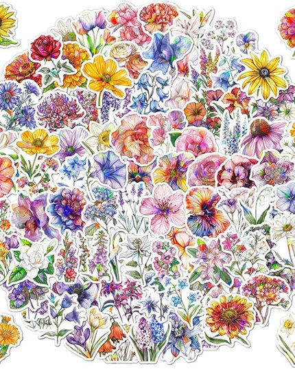 100PCS Shiny Bohemian Holographic Stickers - Glittering Vinyl Decals for Water Bottles,Laptops,Journals Beautiful Flower Designs Featuring Roses,Sunflowers,Daisies and Lavender for Teens,Adults