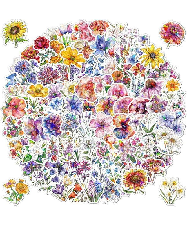 100PCS Shiny Bohemian Holographic Stickers - Glittering Vinyl Decals for Water Bottles,Laptops,Journals Beautiful Flower Designs Featuring Roses,Sunflowers,Daisies and Lavender for Teens,Adults