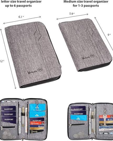 Valante Premium Family Travel Document Organizer Capacious RFID Passport Holder Wallet (Large, gray)