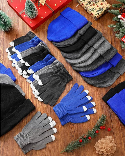 Suhine Bulk Winter Hats and Gloves Set Warm Beanie Gloves Pack Homeless Supplies for Cold Weather Charity