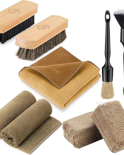Fantasticlean 9PC Car Detailing Kit，Boars Hair Brush，Horse Hair Bristle，Suede-Coral Cloth，Car Dust Brush，Microfiber Towel & Applicator，Scratch-Free & Ultra-Soft for Leather, Seats & Interior Cleaning