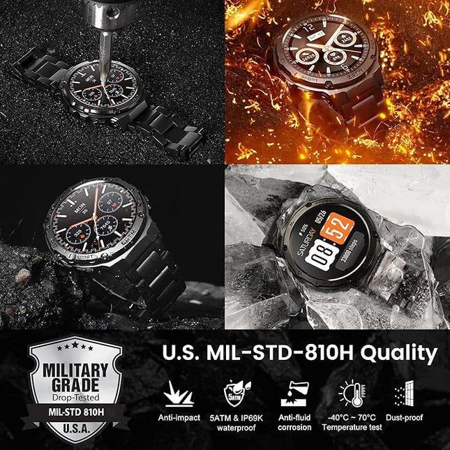 Smart Watches for Men GPS, Pressure,Altitude,Compass, 480mAh Extra-Large Battery, 50M Waterproof, Full Metal Body Rugged Smartwatch, Answer/Make Call,1.43" AMOLED Display (Black)