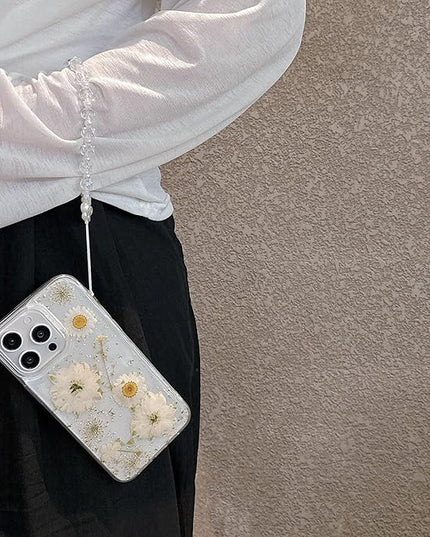 for iPhone 14 Case, [Real Daisy White Flower & Gold Foil][with Luxury Bracelet Wrist Strap] Floral Design, Clear Soft TPU for Women and Girls