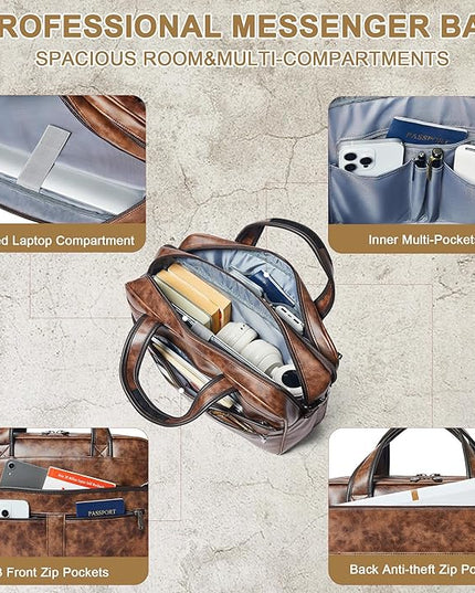 Shrrie Leather Messenger Bag for Men&Women 16 inch Laptop Bag,Water-Resistant Retro Leather Briefcase for Men Business,Work