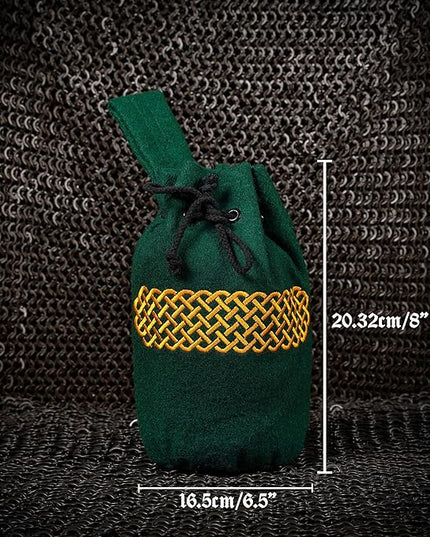 Mythrojan Drawstring Belt Pouch Renaissance Costume Accessories Medieval Woolen Celtic Embroidery Bag Jewelry Pouch Coin Purse for LARP, Festivals, Renfaire, Reenactments - Green, 8" x 6.5"