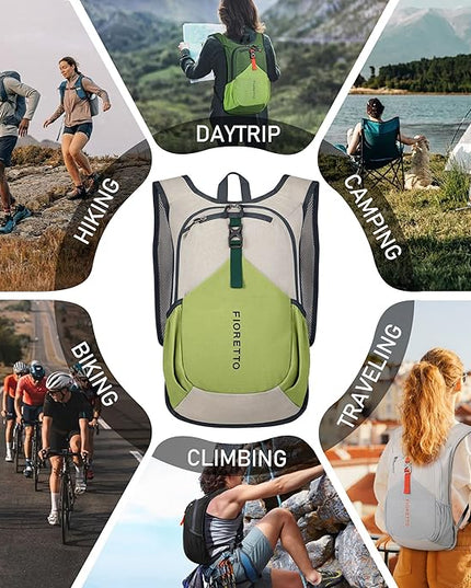 FIORETTO 15L Hiking Backpack for Women Men Mini Packable Backpack Lightweight Small Daypack for Camping Travel Outdoor, Beige and Green