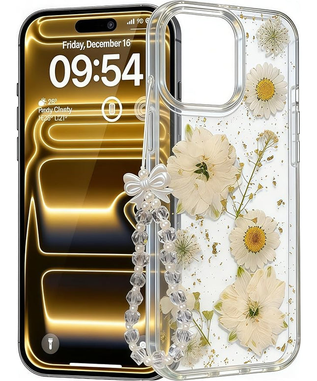 for iPhone 12 Pro Case, [Real Daisy White Flower & Gold Foil][with Luxury Bracelet Wrist Strap] Floral Design, Clear Soft TPU for Women and Girls
