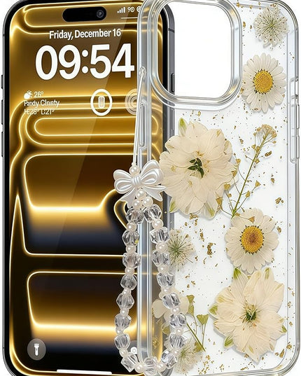 for iPhone 13 Pro Max Case, [Real Daisy White Flower & Gold Foil][with Luxury Bracelet Wrist Strap] Floral Design, Clear Soft TPU for Women and Girls