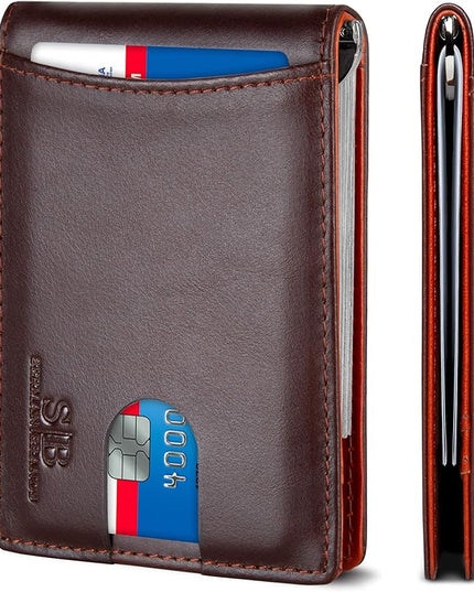 SERMAN BRANDS RFID Blocking Slim Bifold Genuine Leather Minimalist Front Pocket Wallets for Men with Money Clip Thin Mens